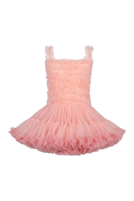 Vestido de tul para niñas, color melocotón claro, con diseño fruncido y falda volumétrica.