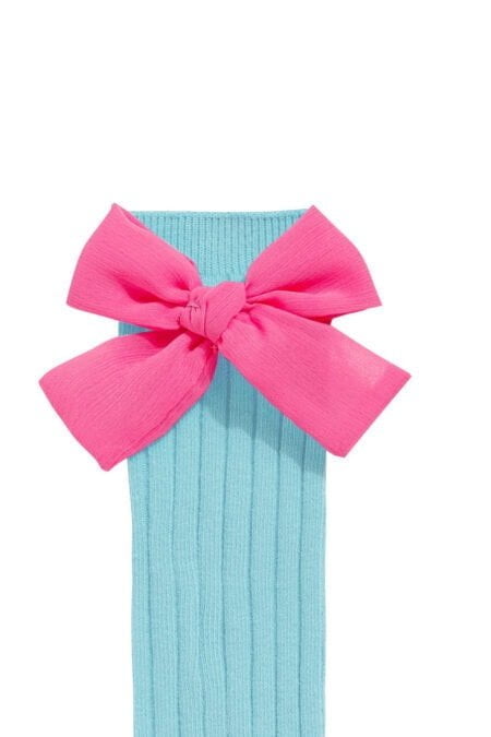 Calcetines azules hasta la rodilla con lazo rosa para bebé niña