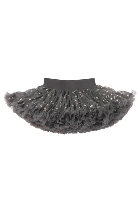 Falda de tul para niñas en color gris con estampado de estrellas doradas, voluminosa y con capas fruncidas.