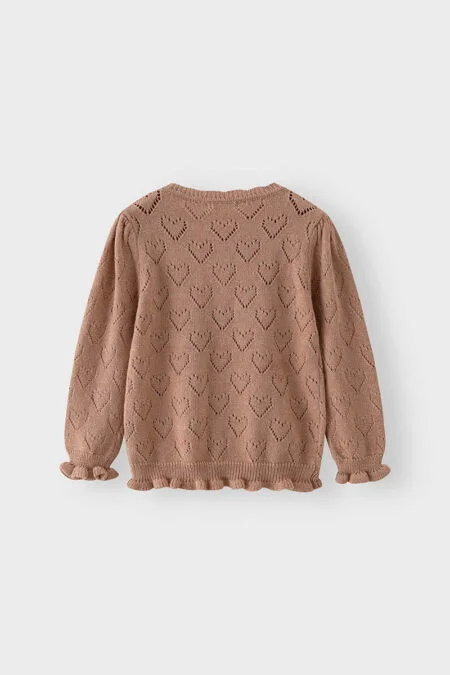 Maglia cardigan in cotone marrone per bambine, con motivo a cuori e dettagli arricciati sulle maniche.