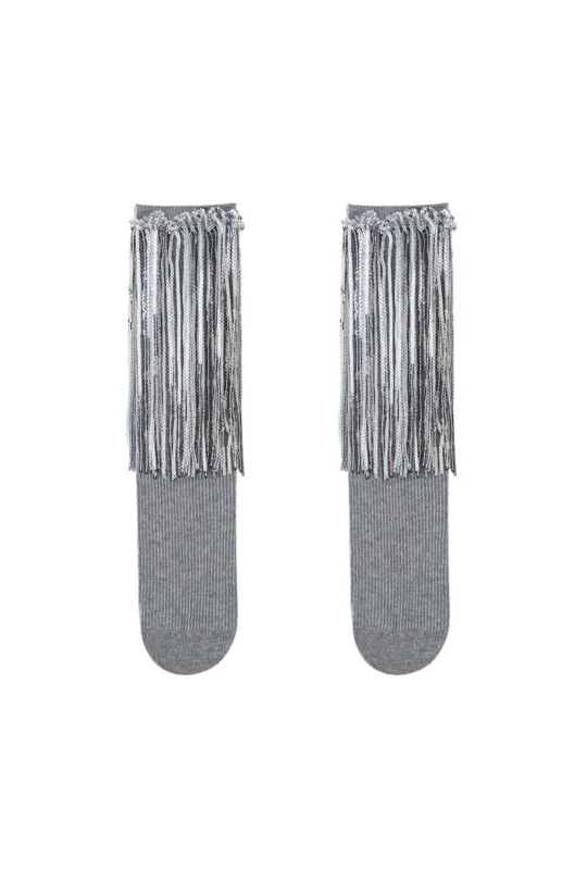 Grey knee socks for girls with silver tassels