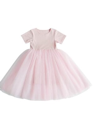 Vestido rosa de manga corta con volante de tul para bebé niña.