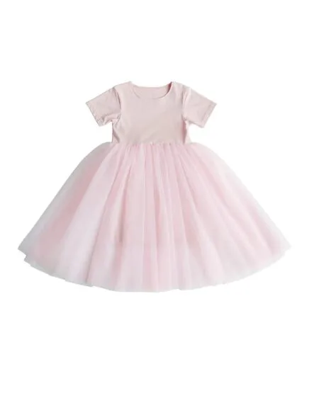 Pink dress with short sleeves and tulle ruffle for a girl.