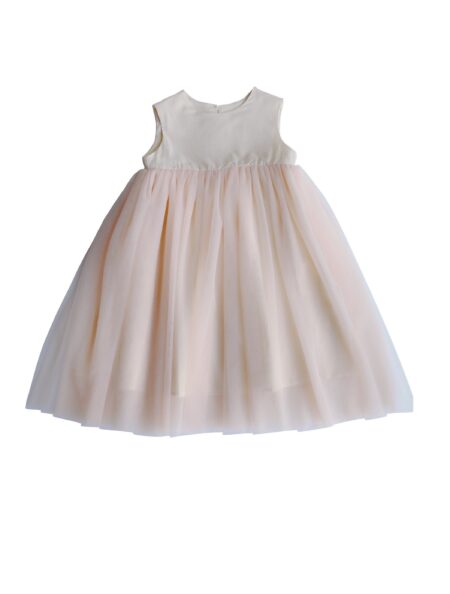 Cremefarbenes Tüllkleid mit rosa Unterteil, perfekt für ein kleines Mädchen, mit zartem Schnitt.