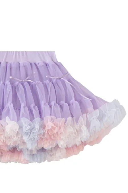 Purple tulle skirt for a girl with frills in pastel colors and bows.