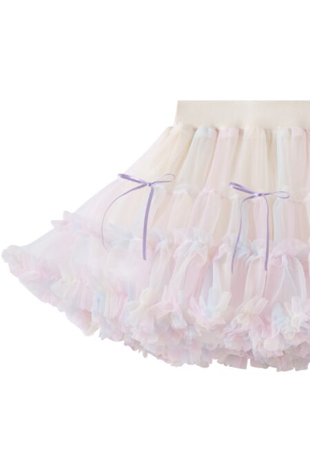 Gonna in tulle per bambina in colori pastello con fiocchi e balze decorative.