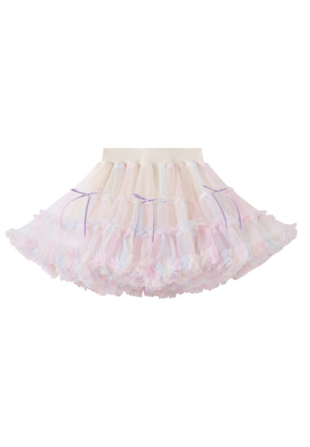 Tulle skirt for a girl in pastel colors with bows and frills.