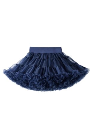 Navy blue tulle skirt for a girl, with ruffles and elastic waistband.