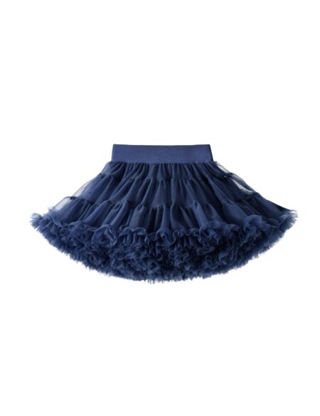 Navy blue tulle skirt for a girl, with ruffles and elastic waistband.
